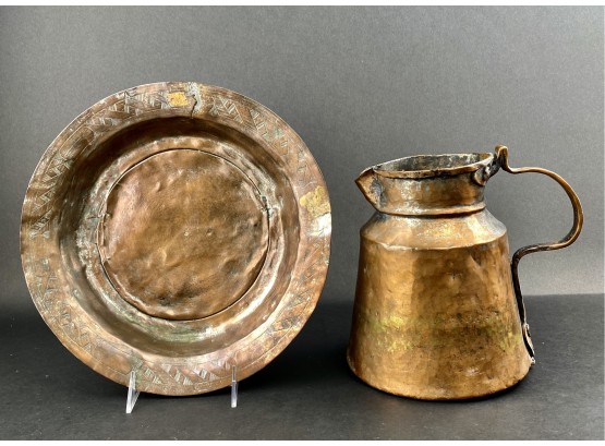 Two Antique Copper Pieces - Pitcher And Catch Pot Dish