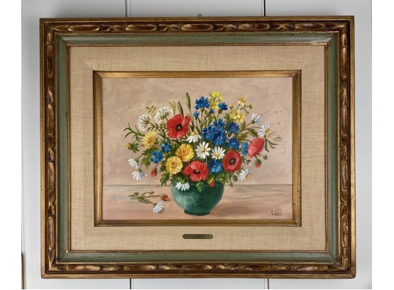 Oil Painting Of Still Life With Vase And Flowers On Canvas, Signed Leso, Framed