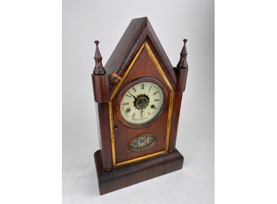 Mahogany Gothic Parlor Steeple Mantel Clock With Reverse Glass Painting