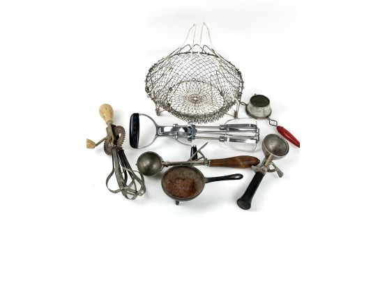 Selection Of Vintage Kitchen Tools - Hand Mixers Cast Iron Mini Pot Egg Holder Ice Cream Scoop