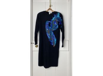 Vintage Sequined Peacock Sweater Dress Lambswool Angora Blend