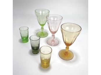 6 Vintage Colored Etched Glass Apertif And Shot Glasses