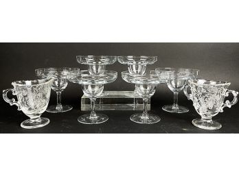 Eight Pieces Of Etched Glass - 6 Dessert Parfait Glasses,  Two Small Pitchers
