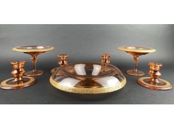 7 Peach Gold Trim Glass Table Top Accessories 4 Candlesticks And 3 Serving Dishes