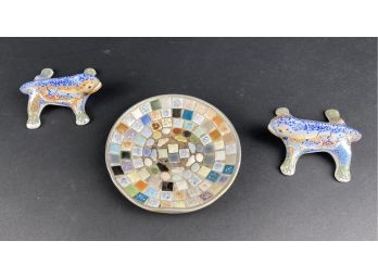 Ceramic Gaudi Park Guell Creatures And A 4.5' Mosaic Dish