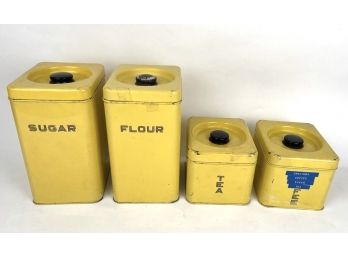 Four Vintage Yellow Counter Top Tin Canisters - Beautyware By Lincoln