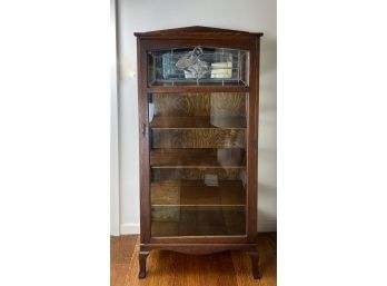 Antique Curio Cabinet Hutch With Concave Leaded Glass Panel And Glass Front Door