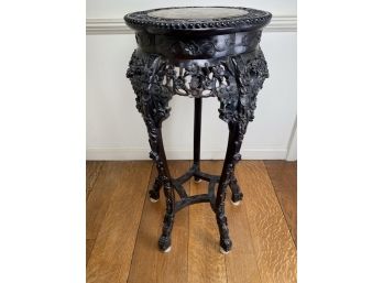 Antique Chinese Black Carved Rosewood Pedestal Table With Marble Top