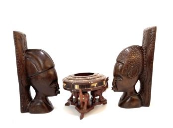 Three Carved Wood Pieces Possibly African - Two Busts As Bookends And One Bowl With Elephants At Base