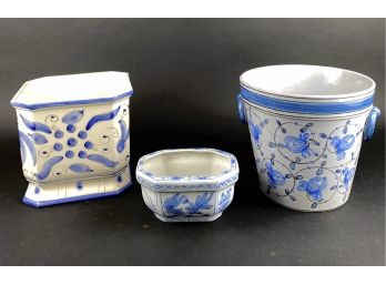 Three Blue And White Ceramic Planters Or Table Top Wine Chillers - Two Hand Painted, Made In Portugal