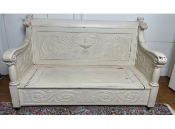 Vintage Or Antique Storage Bench With Gargoyle Griffins In Off White