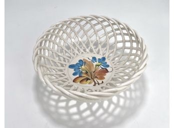 White Ceramic Hand Made Woven Fruit Bowl With Floral Painting