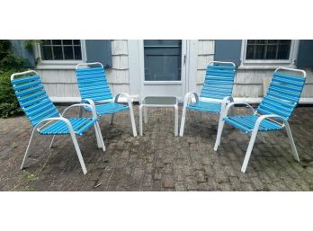 Outdoor Furniture - 4 Vintage Chairs And Side Table In Blue And Green