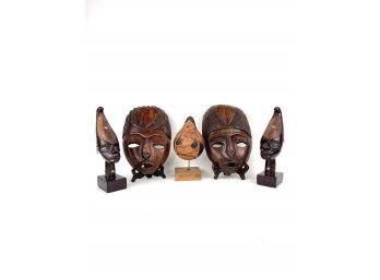 Five Vintage Haitian Carved Wooden Objects - Masks, Busts  Of Woman, And A Gourd Depicting Person
