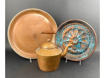 Antique Copper Kettle, Tray And Baking Dish