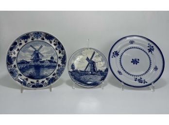 Two Delfts Blue And One Spodes Gloucester Blue And White Plate
