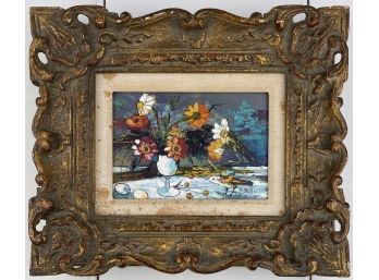 Still Life Painting With Flowers And Bird Oil On Board, Framed, Signed