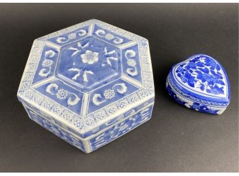 Two Blue And White Porcelain Asian Style Boxes With Lid Hear And Hexagon