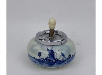 Delft Blue Hand Painted Holland Ceramic Push Down Ashtray With Spinning Tray
