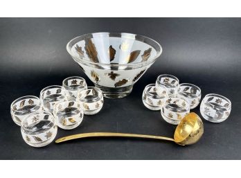 Vintage Mid Century G. Reeves Gold Leaf And Glass Punch Bowl Set With Serving Spoon