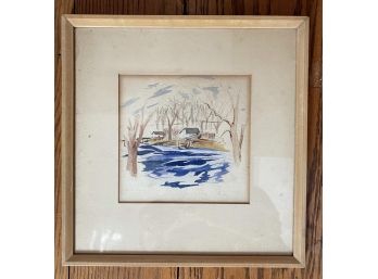 Framed Watercolor  Or Gouache Of Lakeside Cabins With Trees