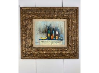Oil Painting On Board, Still Life  With Bottles And Abstract Fruit, Signed, Framed, Original Artwork, Signed,