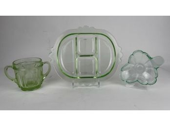 Three Vintage Or Antique Green Pressed Glass Pieces
