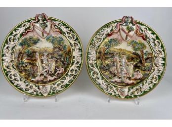 Two Vintage Hand Painted Pierced Ceramic Plates From Italy - Capoiellini Or CapodiMonte