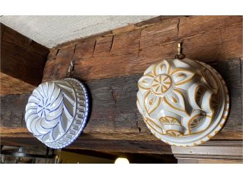 Two Vintage Ceramic Gelatin Molds In White And Blue And White And Yellow