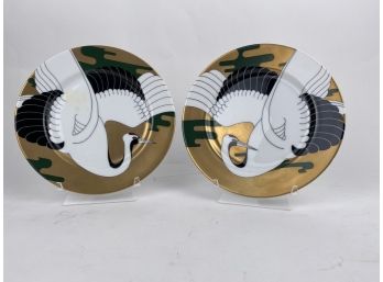 Pair Of Fitz And Floyd Golden Tancho Stork Plates