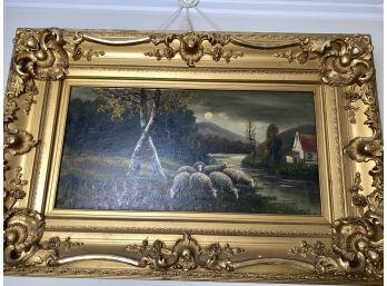 Landscape Painting With Sheep In Antique GIlt Frame
