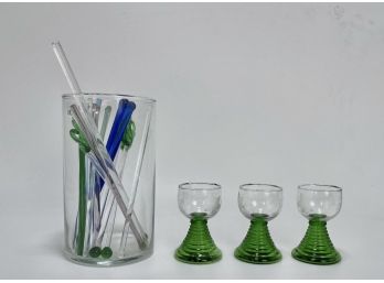 Vintage Glassware Glass Colored Swizel Sticks, A Stirring Pitcher And Three Small Apertif Glasses