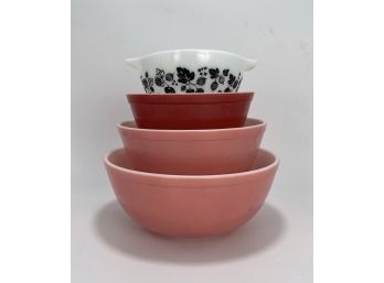 Vintage Four Pyrex Mixing Bowls, Pink, Red And  Black Gooseberry