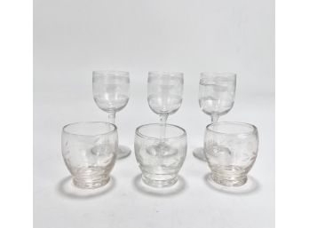 Six Vintage Etched Glass Apertif Glasses