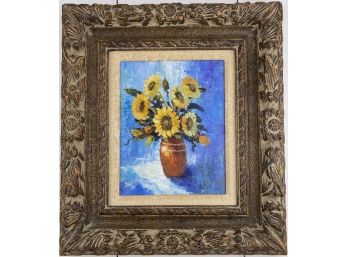 Oil Painting On Board Sunflowers On Blue Background