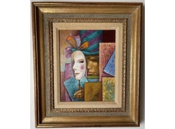 Vintage  Abstract Or Cubist - Esque Style Oil Painting Of Jestor And Mask M. Thorne