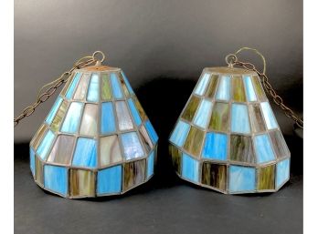 Pair Of Blue And Green Leaded Stained Glass Ceiling Pendants