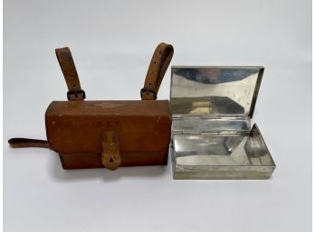 Equestrian Antique Silver Tone Metal Saddle Sandwich Box In A Leather Case