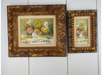 Pair Of Oil Paintings On Board, Signed, Framed, Two Still Life With Flowers And Fruit