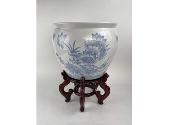 Large Blue And White Ceramic Planter On Wood Stand