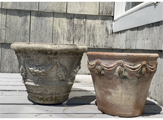 Two Planters With Decorative Detail, Concrete And Terracotta