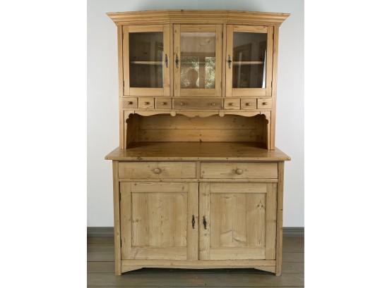 Antique German Rustic Natural Wood BreakFront Cabinet With Bowed Top And Glass Doors - Circa 1800's