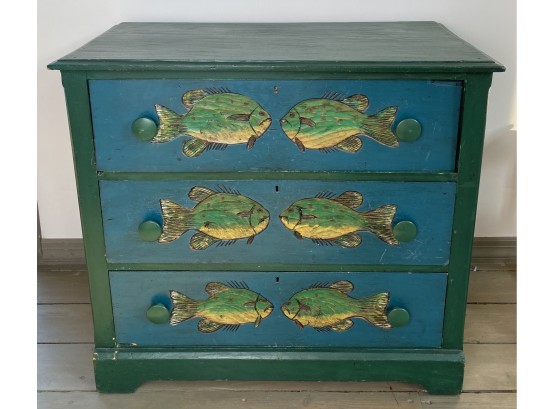 Hand Carved And Painted Fish, Three Drawer Chest Of Drawers