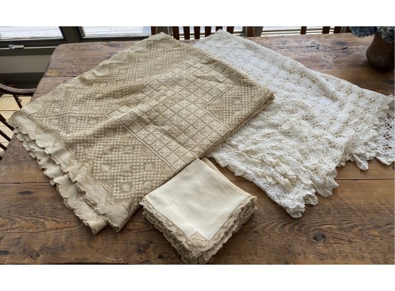 Two Antique Crochet/ Lace Table Cloths And Set Of 8 Cocktail Napkins Embroidered Linen