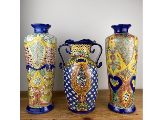3 Pieces Of Talavera Mexican Pottery  - Three Hand Painted Ceramic Vases