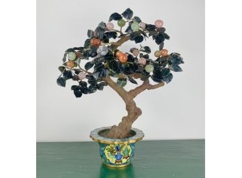 Vintage Chinese Jade Tree With Cloisonne And Enamel Pot