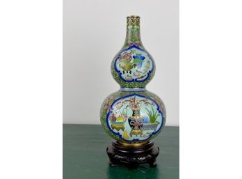 Hand Painted Chinese Cloisonne Enamel Double Gourd Vase  On Hand Carved Wood Custom Stand.