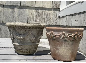 Two Planters With Decorative Detail, Concrete And Terracotta