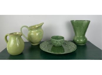 Assorted Vintage Green Ceramic Wares Including Soule Studio Hand Made  Pitcher, Shawnee USA Vase