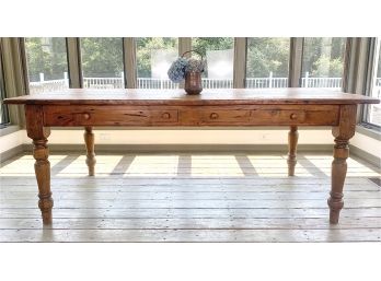 Antique Distressed Wood Farm Dining Table With Two Storage Drawers
